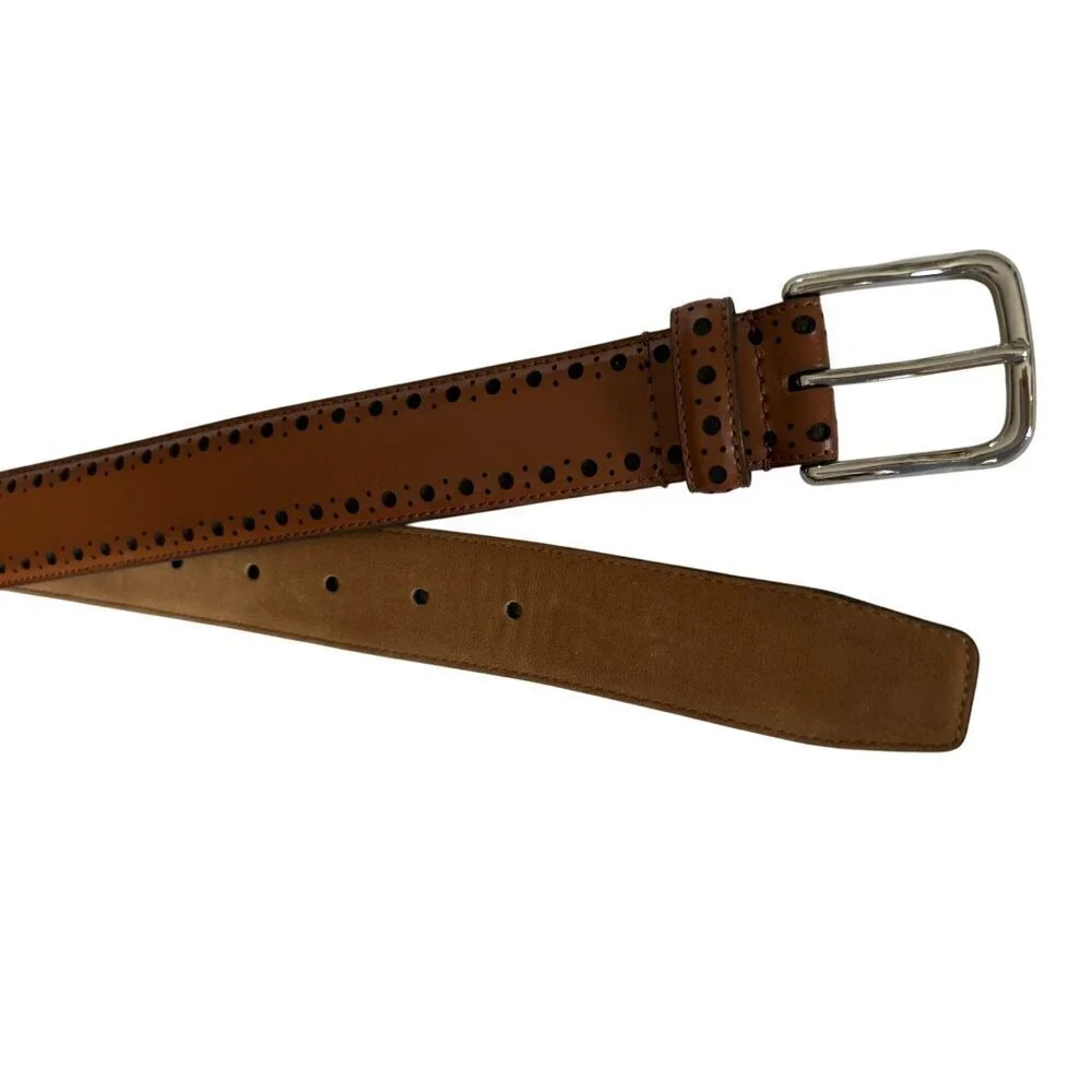 Cole Haan Brown Leather Belt With Black Dot Pattern & Silver Buckle